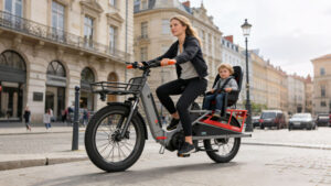 women riding longtail cargo bike