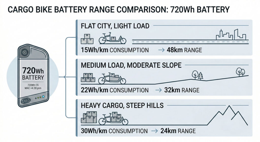 real cargo bike battery range under different usage conditions.