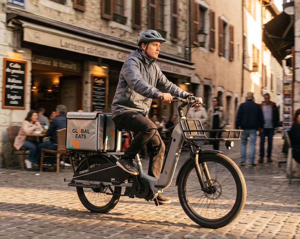 a delivery courier riding a longtail electric cargo bike