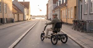 electric trike for seniors in Denmark —semi recumbent e trike on a Copenhagen cycle track