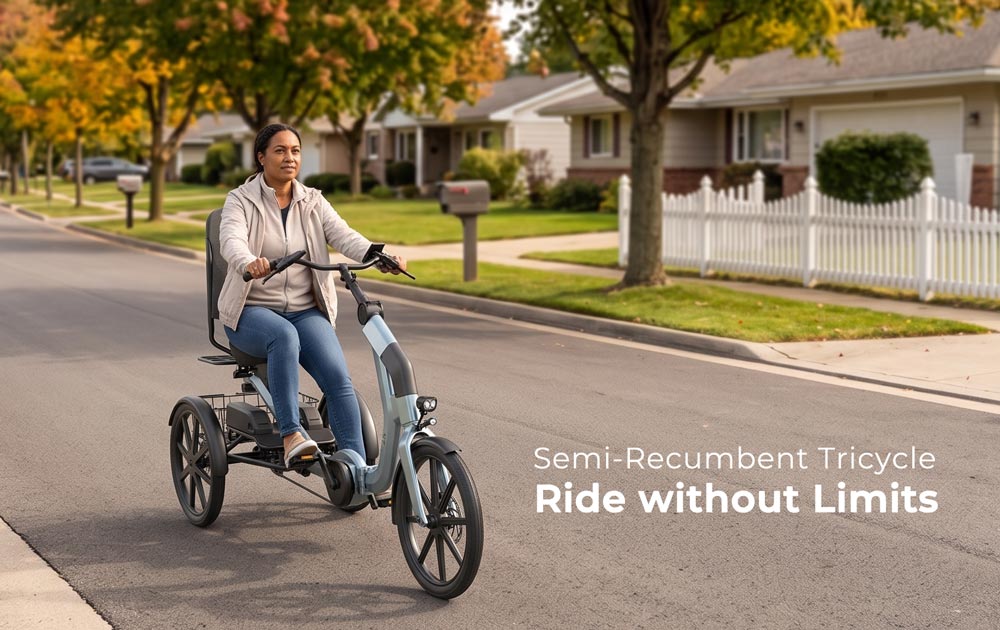 semi recumbent electric trike on a suburban American street