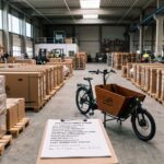 Boxed electric cargo bikes on pallets in a European warehouse with an EPR compliance document