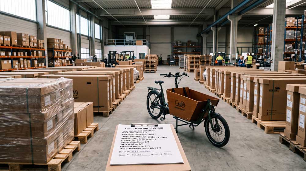 Boxed electric cargo bikes on pallets in a European warehouse with an EPR compliance document