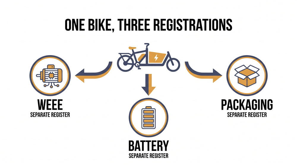 Diagram showing one e bike triggering three separate EPR registrations  WEEE, battery and packaging