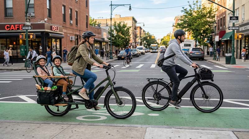 Electric cargo bike on a US city street illustrating 2025 micromobility trends
