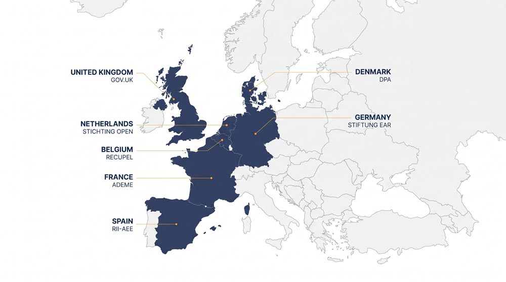 Mapa Europy przedstawiająca główne rejestry EPR dla marek rowerów elektrycznych w siedmiu krajach