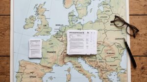 Map of Europe with EPR registration documents placed over seven target e bike markets