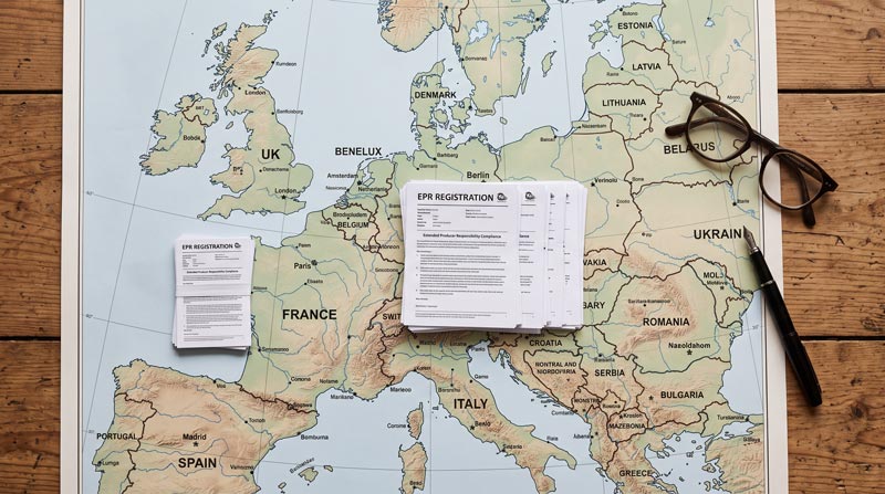 Map of Europe with EPR registration documents placed over seven target e bike markets