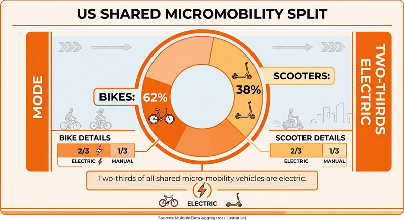 US shared micromobility split 62% bikes and 38% scooters, two thirds electric