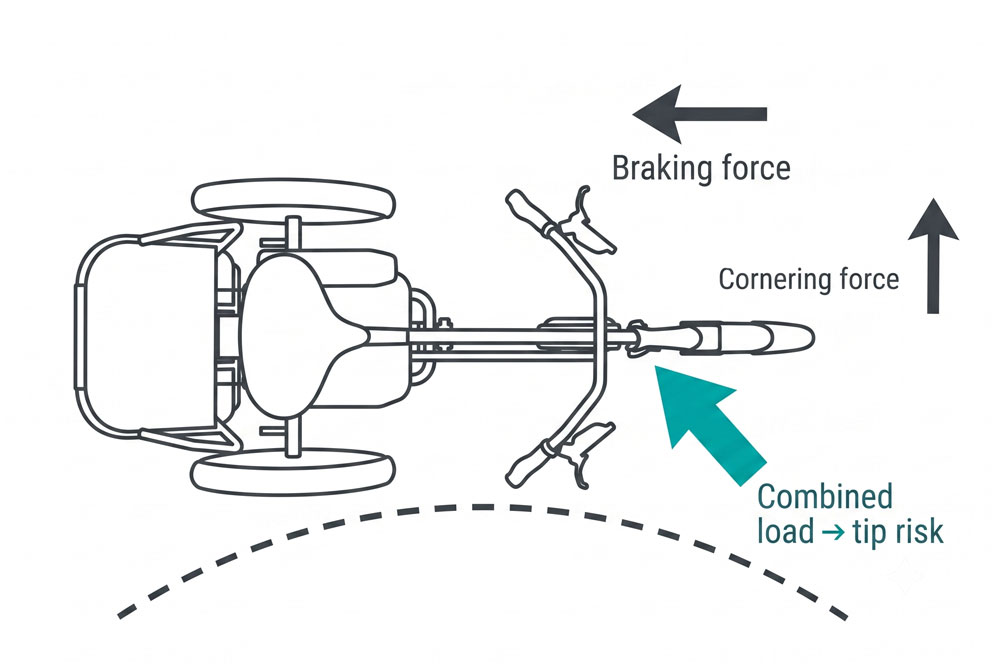 electric trike stability engineering — combined braking and cornering force diagram