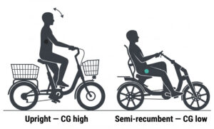electric trike stability engineering — upright versus semi recumbent centre of gravity comparison