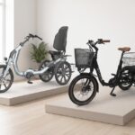 semi recumbent vs upright electric trike — mobility retailer showroom with senior e trikes