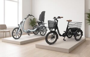 semi recumbent vs upright electric trike — mobility retailer showroom with senior e trikes