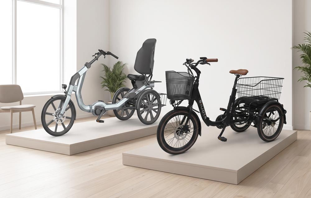 semi recumbent vs upright electric trike — mobility retailer showroom with senior e trikes