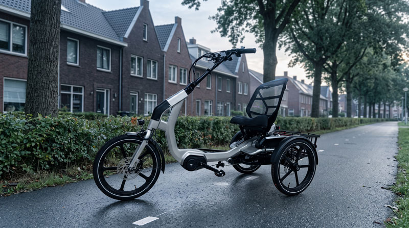 CHILL semi recumbent electric trike parked on a European cycle path