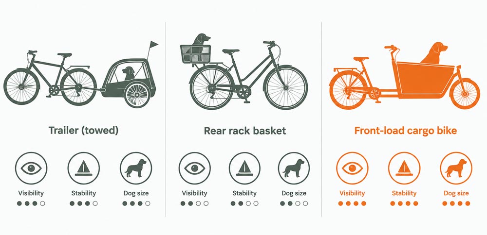 Comparison of a dog bike trailer, a rack pet carrier for e bike and a front load cargo bike for dogs