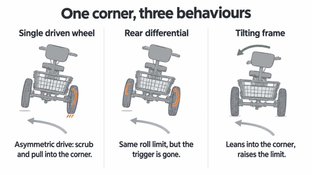 Do electric trikes tip over: single driven wheel, rear differential and tilting frame compared in a corner