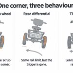 Do electric trikes tip over: single driven wheel, rear differential and tilting frame compared in a corner