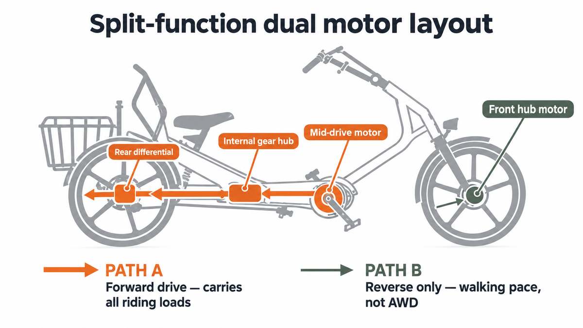 Split-function dual motor layout, mid-drive rear axle and front hub reverse